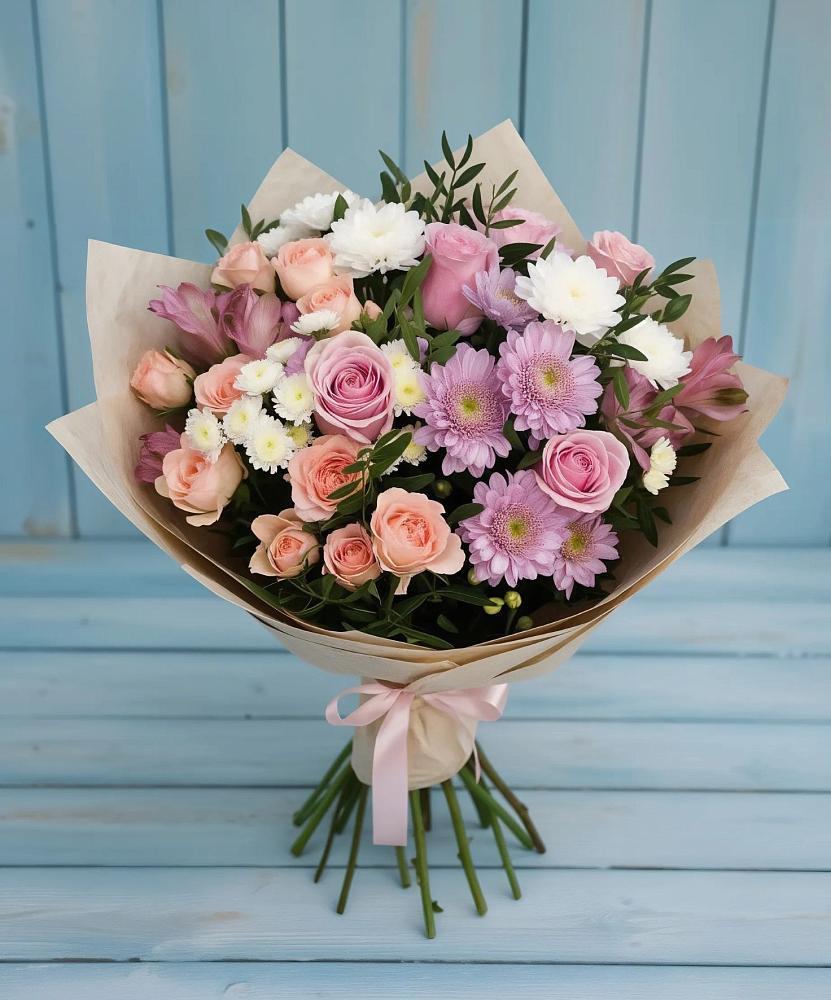 Букет цветов из: Хризантемы, Розы и Альстромерии в Попутная