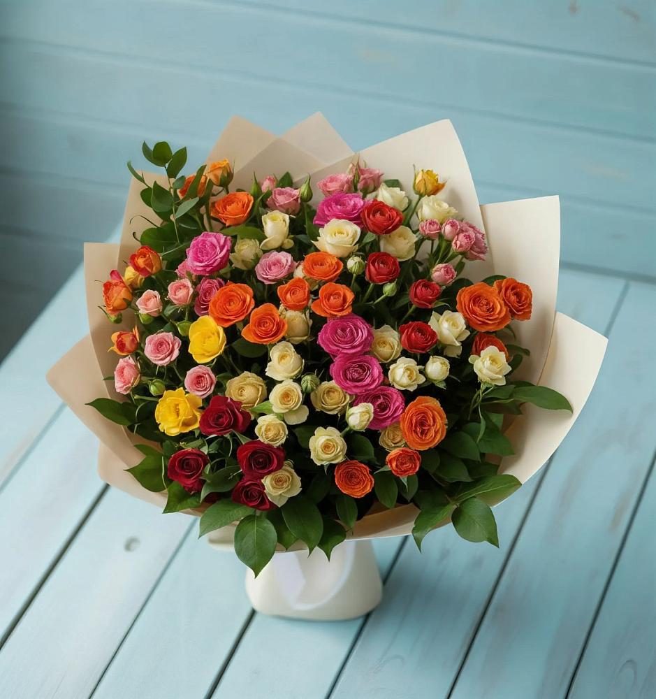 Букет Микс из разноцветных кустовых роз в Попутная