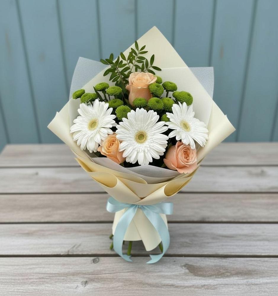 Букет цветов из: Герберы, Розы и Хризантемы в Попутная