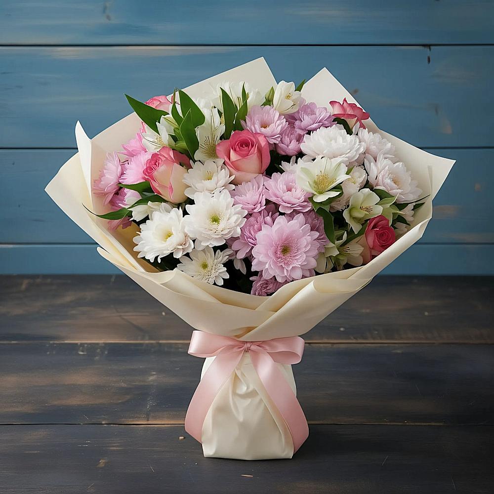 Букет цветов из: Хризантемы, Альстромерии и Розы в Попутная